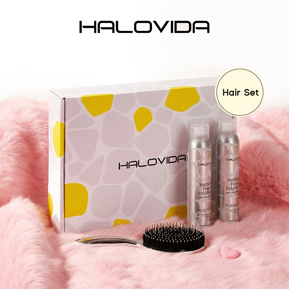 Coffret cheveux Halovida - Brosse à poils + Shampoing sec