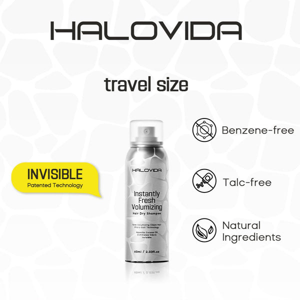 HALOVIDA Instant Fresh Volumizing Invisible Dry Shampoo Travel Size - Organic Cleansing Conditioner for Voluminous & Hydrated Hair, Absorbs Oils, Gentle Clarifying Shampoo, 2.03 fl. oz (60ml)